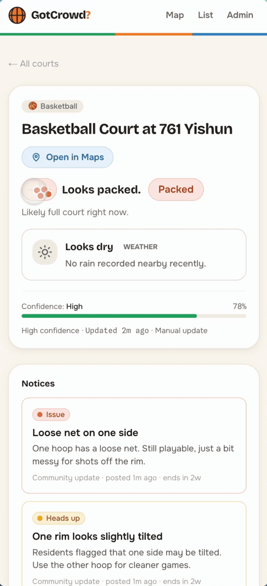 GotCrowd court page with status, weather, and reports