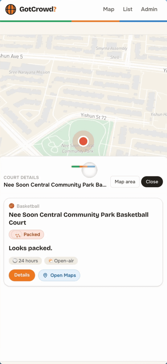 GotCrowd map showing nearby courts and live activity